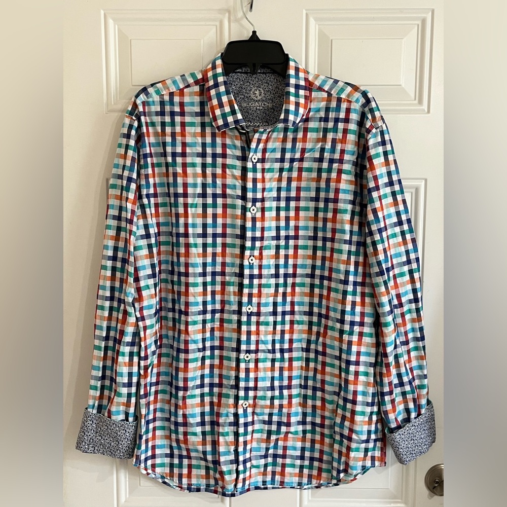 Bugatchi Shirt Men’s 2XL Multicolor Check Plaid Button Up Shaped Fit Colorful